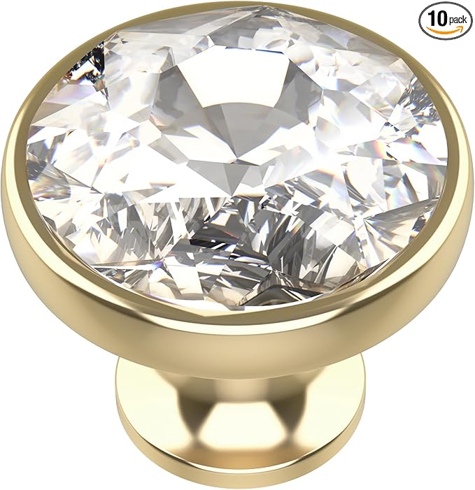 Alzassbg 10 Pack Clear Crystal with Gold Base Cabinet Knobs, 1-3/8 Inch (35mm) Diameter Cabinet Hardware Round Crystal Knobs for Drawers AL1011
