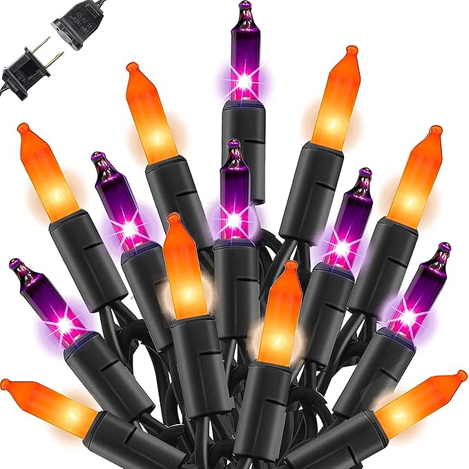 Dazzle Bright Purple and Orange Halloween Mini Lights, 20FT 100 Count Waterproof Incandescent Lights Plug in, Connectable Halloween Decorations for Indoor Outdoor Party Yard Decor