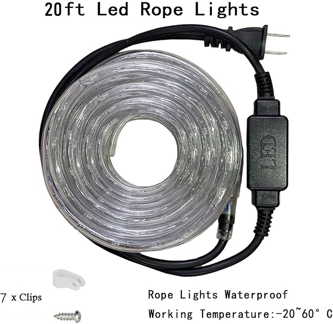 LED Rope Light, 20Ft LED Strip Lights Outdoor Waterproof Decorative Lighting for Indoor/Outdoor Decorations, Deck, Patio, Party and Bedroom Decorations (Wram White)