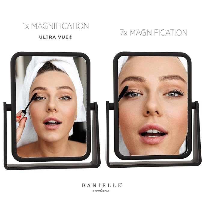 Danielle Creations 6.75-Inch Magnifying Vanity Makeup Mirror Rectangular Soft Touch Finish with 7X Magnification and 360 Swivel, Black