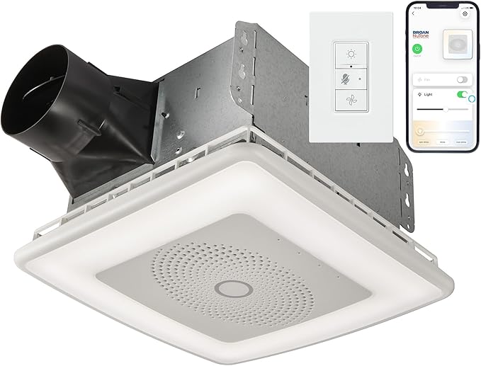 Broan-NuTone VC110CCT Sensonic Alexa Voice Controlled Smart Exhaust Fan with Dimmable LED Light and Bluetooth Speakers, 110 CFM,White, 13.25"x13.25"x5.75"