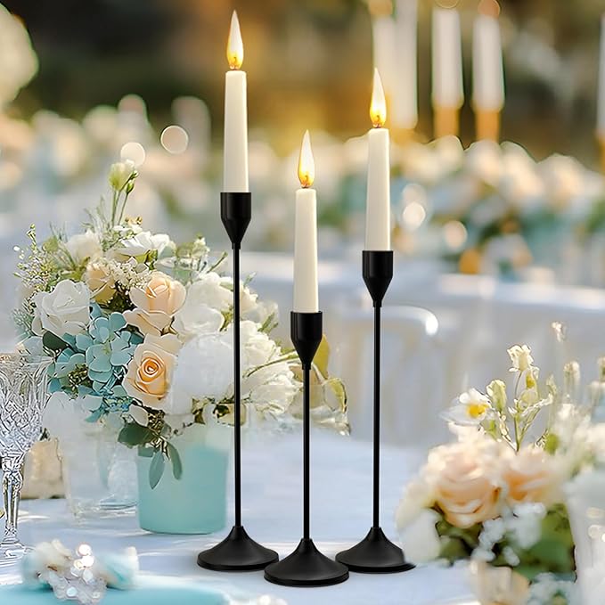 Brass Black Metal Taper Candle Holder, Vintage Candlestick Holders, Candle Sticks Holder Decor for Wedding Wedding, Dinning, Party, Fits 3/4 inch Thick Candle&Led Candles (Set of 3 Pcs)