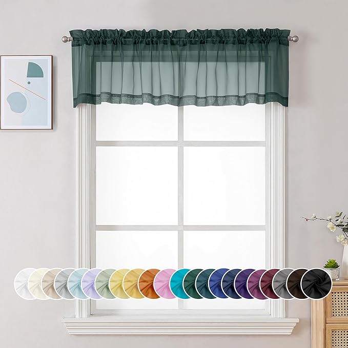Chyhomenyc Sheer Valances for Windows 2 Pack, Small Window Curtains for Living Room Bathroom, Modern Top Dual Rod Pocket Basement Curtains for Small Window, 42Wx14L inches, 2PCS, Hunter Green