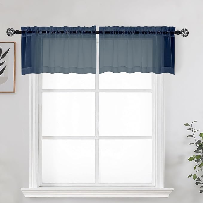 OWENIE Navy Blue Sheer Kitchen Valance for Windows Set of 2, Small Modern Rod Pocket Voile Valance Curtain Window Treatment Decor for Living Room Bathroom Cafe Laundry Basement, 42" W x 14" L