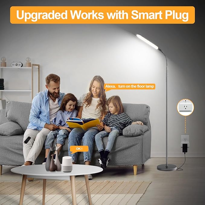 Grey LED Floor Lamp, 18W 1800LM Bright Floor Lamps with Remote & Works with Smart Plug, Dimmable Timing Eye Caring Reading Light Modern Standing Floor Lamp for Living Room Bedroom Office