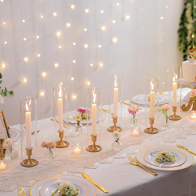 Romadedi Hurricane Candlestick Holders Gold - 10 Pcs Taper Candle Holders Bulk Tall Clear Glass Cylinder for Wedding Table Centerpieces Party Decor Birthday Christmas Home Decorations