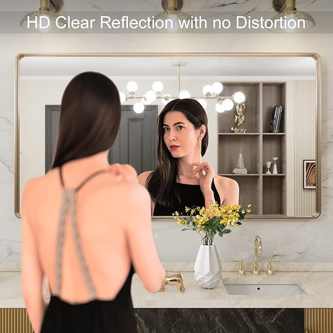 LOAAO 55”X30” Gold Bathroom Mirror, Rounded Rectangle Gold Frame Mirror, Brushed Gold Bathroom Vanity Mirror Wall-Mounted, Anti-Rust, Tempered Glass, Hangs Horizontally or Vertically