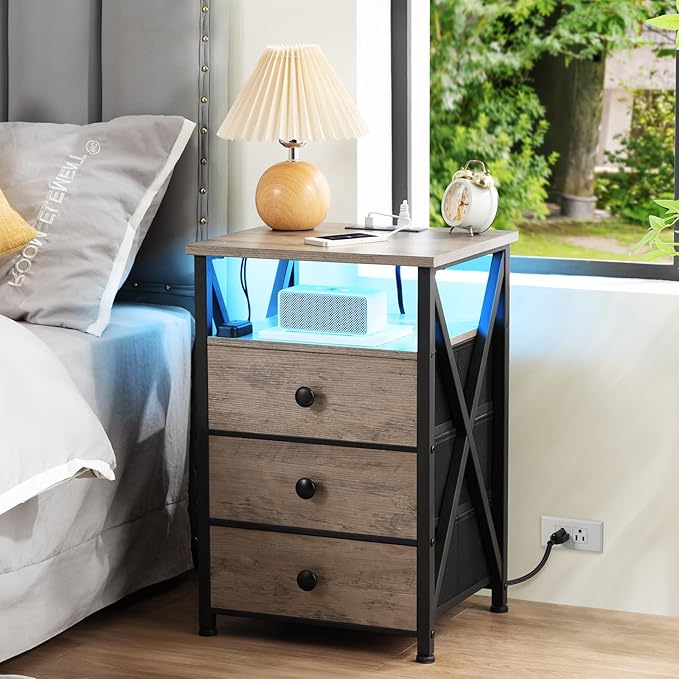 AMHANCIBLE LED Night Stand, Nightstand with Charging Station, Smart End Side Table with USB Port & Power Outlet, Bedside Table with 3 Fabric Drawers for Bedroom, Living Room, Greige HET053LGY1