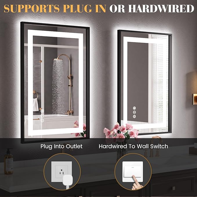 LED Bathroom Mirror,30"x36" Mirror with Black Frame, Front Light and Backlit, Stepless Dimmable, Anti-Fog, Shatter-Proof, Memory, 3 Colors, Double LED Vanity Mirror