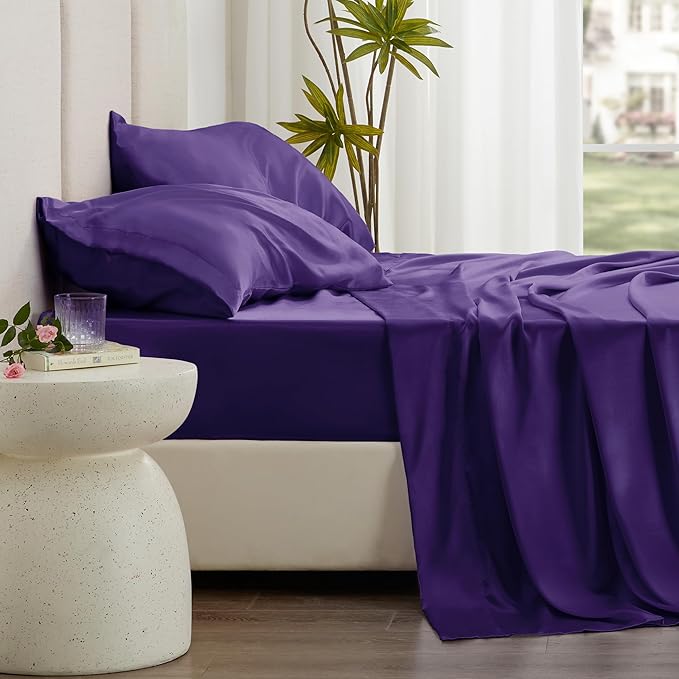 Love's cabin Twin Satin Sheets Sets - 3 Piece Purple Silky Bed Sheets with Deep Pockets, Luxury Silk Feel Satin Twin Size Sheet Set Bedding Set (1 Flat Sheet,1 Fitted Sheet,1 Pillow case)