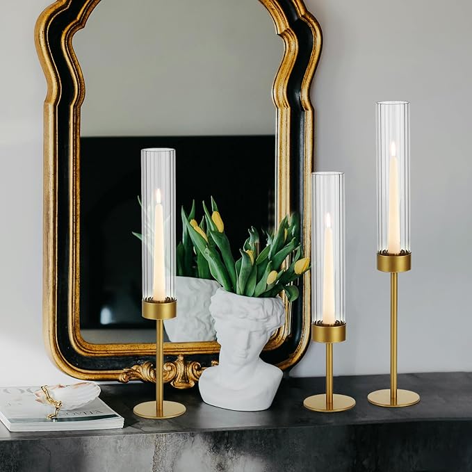 Glass Hurricane Candle Holders Set (3pcs)-Gold Metal Base Taper Candle Stick Holders for Candlesticks Holder Decor, Elegant Dining Table Centerpiece for Wedding, Christmas & Home Decor-Ribbed Glass
