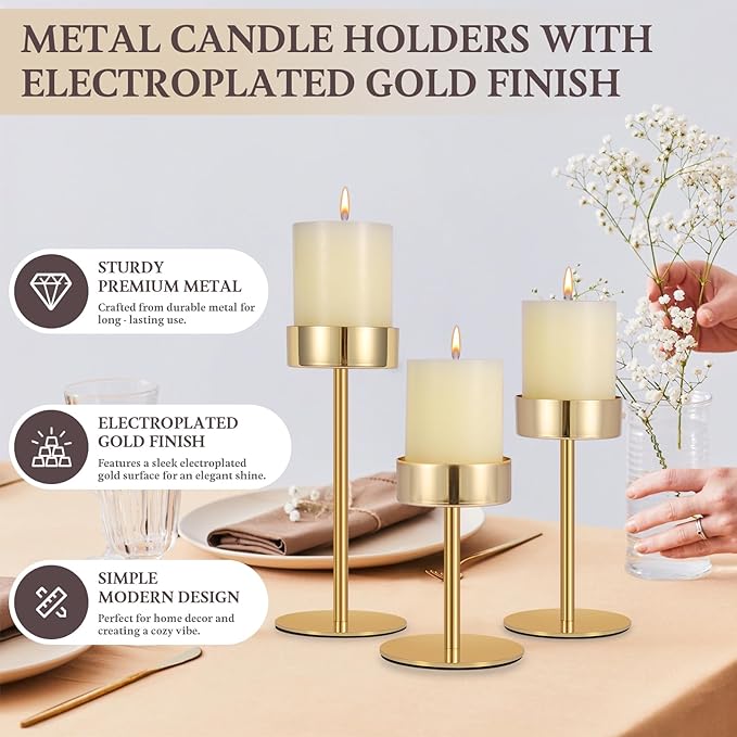 Pillar Candle Holders Set of 3, 3.15" Diameter Gold Metal Candlestick Holder for Pillar & Flameless Candles. Ideal Decoration for Table,Fireplace,Living,Dining Room,Perfect for Wedding,House Gift.