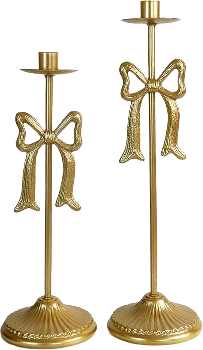 Bow Taper Candle Holders, Set of 2 Candle Stick Holders Set, Modern Decorative Centerpiece for Table Mantel Wedding Housewarming Gift (Vintage Gold)