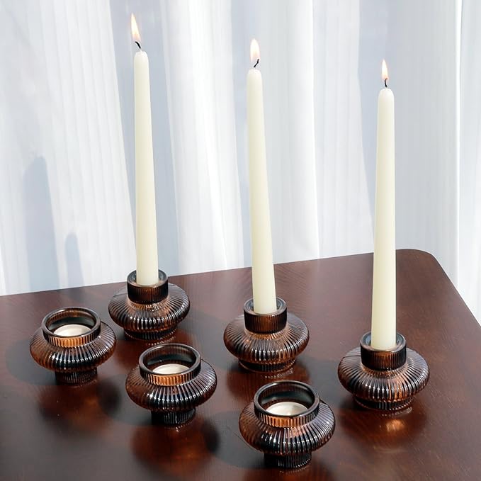 VOHO 18pcs Brown Taper Candle Holders for Table Centerpiece, Reversible Glass Candle Holder for Candle Sticks & Tea Lights Candles, Classic Ribbing Tapered Candlestick Holders for Home, Boho Decor