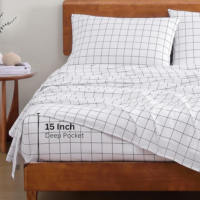 LANE LINEN Twin Sheet Set, 100% Organic Cotton Sheets Twin Size, 3Pc Twin Sheets Sets, Premium Bedding Sheets & Pillowcases, Percale Sheets, 15" Deep Pocket Twin Fitted Sheet - Windowpane
