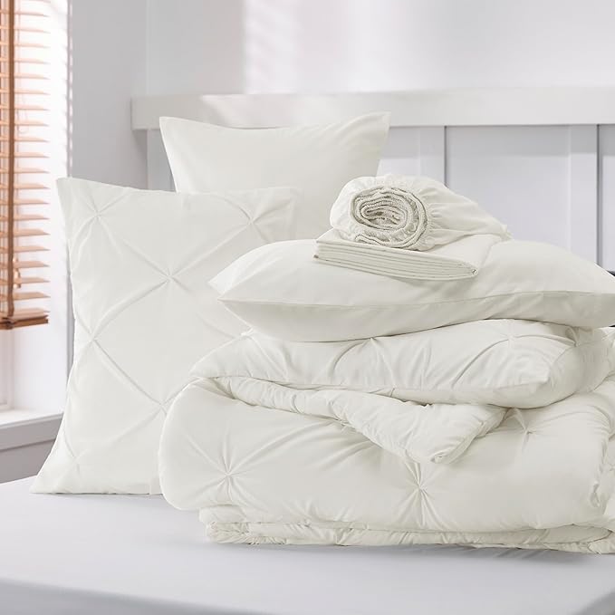 Bedsure Twin Comforter Set Ivory - Bed in a Bag Twin Size Bedding 5 Pieces, GentleSoft™ Pintuck Bed Set Gift for Family, Pinch Pleat Ivory Comforter with Sheets, Pillowcase & Sham