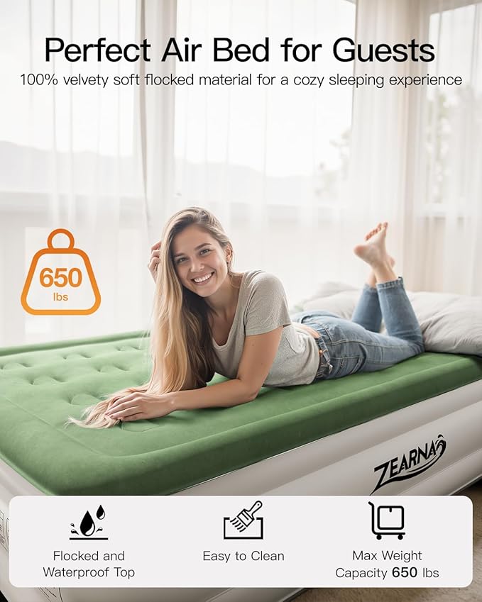 Full Size Air Mattress with Built in Pump, 18" Raised Comfort Air Bed, Upgraded Flocked Top Blow up Mattress with Carrying Bag, Inflatable Mattress for Guests & Home, AirBed, 650 lbs Max