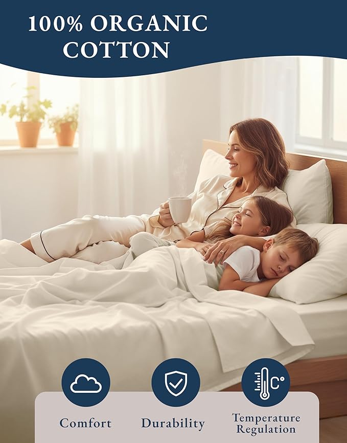 LANE LINEN 100% Organic Cotton Full Sheets Set, 4-Piece Pure Organic Cotton Percale Sheets, Long Staple Cotton Sheet, Ultra Soft Bedding Sheet, Breathable,Fits Mattress Upto 15" Deep - Natural