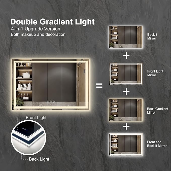 Bathroom Mirror with Lights, 60x40 Inch Gradient Front and Backlit Mirror, 3 Colors Dimmable CRI>90 Double Lights, IP54 Enhanced Anti-Fog, Hanging Plates Wall Mount Lighted Bathroom Mirror