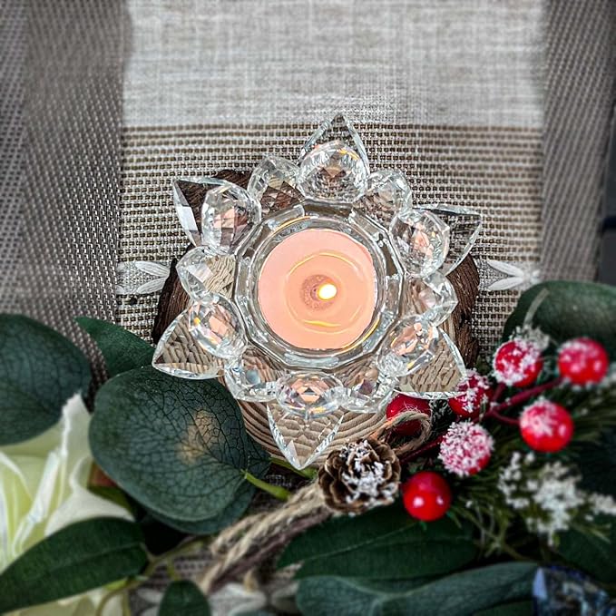 Crystal Lotus Flower Tealight Candle Holders/Glass Tea Light Candlestick Decor Decoration for Christmas Home Wedding Party… (Clean 2pcs)