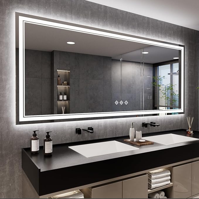Bathroom Mirrors for Wall, 88x38 Inch Gradient Front and Backlight Big Lighted Mirror, 3 Colors Dimmable CRI>90 Double Lights, IP54 Enhanced Anti-Fog, LED Mirror for Bathroom