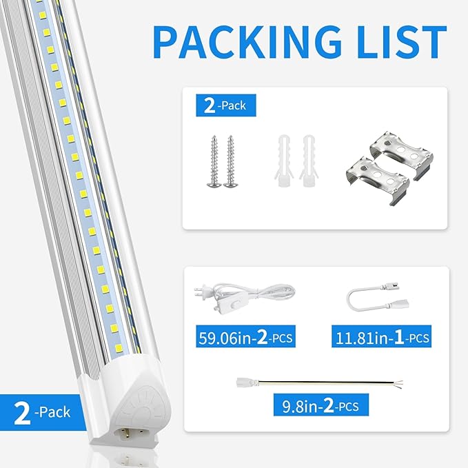 CNSUNWAY LED Shop Light 2FT, 20W 3000LM 6500K, T8 LED Tube Lights, Clear Cover, Ceiling and Utility Shop Lights, Linkable Light Fixture for Room, Garage, Workbench, Warehouse, ETL Listed (2 Pack)