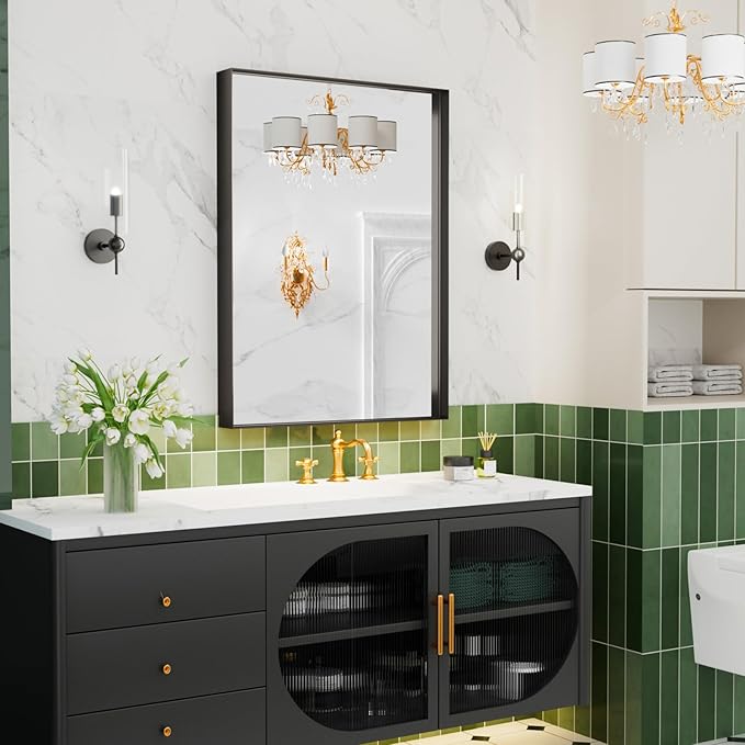 Black Vanity Wall Mirror, 22x 30 Inch Rectangular Bathroom Mirrors for Over Sink, Aluminum Metal Framed Mirror, Tempered Glass, Anti-Rust, Wall Farmhouse Mirrors (Horizontal/Vertical)
