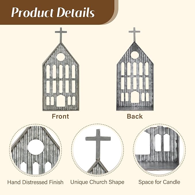 Church Shaped Tea Light Candle Holder Farmhouse Galvanized Metal Candle Holder Vintage Decorative Tealight Holder for Table Centerpiece Decoration - 4.53" x 1.97" x 10.43"