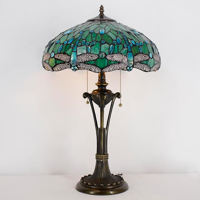 Tiffany Table Lamp Green Stained Glass Desk Lamp 16X16X24Inches Dragonfly Style Reading Light