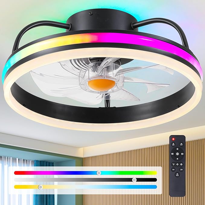 Ceiling Fan-Low Profile Ceiling Fan with Light - Modern Flush Mount Ceiling Fan,16" RGB Dimmable LED Enclosed Ceiling Fans,Modern Bladeless LED-RGB Ambient Light for Bedroom Kids Room Party（Black）