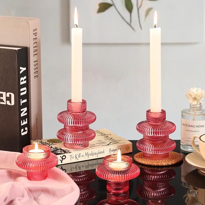 Pink Candlestick Holders Set of 10, Pink Glass Candle Holders for Pillar Candles, Taper Candle and Tealight Candles, Taper Candle Holders for Wedding, Table Centerpiece