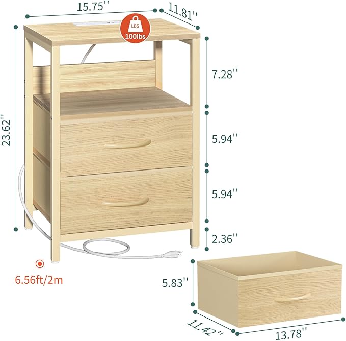 Yoobure Nightstand with Charging Station, Small Night Stand with Fabric Drawers and Storage Shelf for Bedrooms, Nightstands for Small Spaces, Bedside Table with USB Ports & Outlets, Bed Side Table