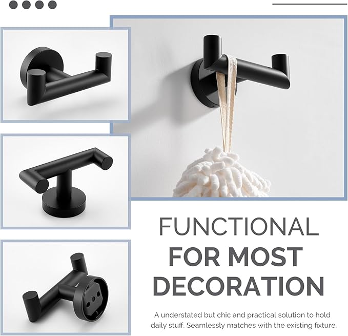 Angle Simple Double Towel Hook, Stainless Steel Bathroom Hand Towel Holder, Coat Hook for Wall, Matte Black