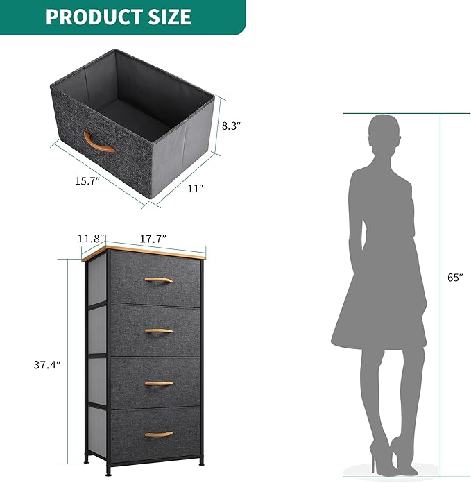YITAHOME Storage Tower with 4 Drawers - Fabric Dresser, Organizer Unit for Bedroom, Living Room, Closets - Sturdy Steel Frame, Easy Pull Fabric Bins & Wooden Top