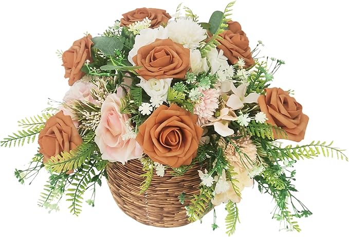 Artificial Rose Flowers 25pcs, Burnt Orange Foam Fake Rose Faux Flower for Wedding Bouquets Bridal Shower Centerpieces Floral Arrangements Home Decorations Party Backdrops Table