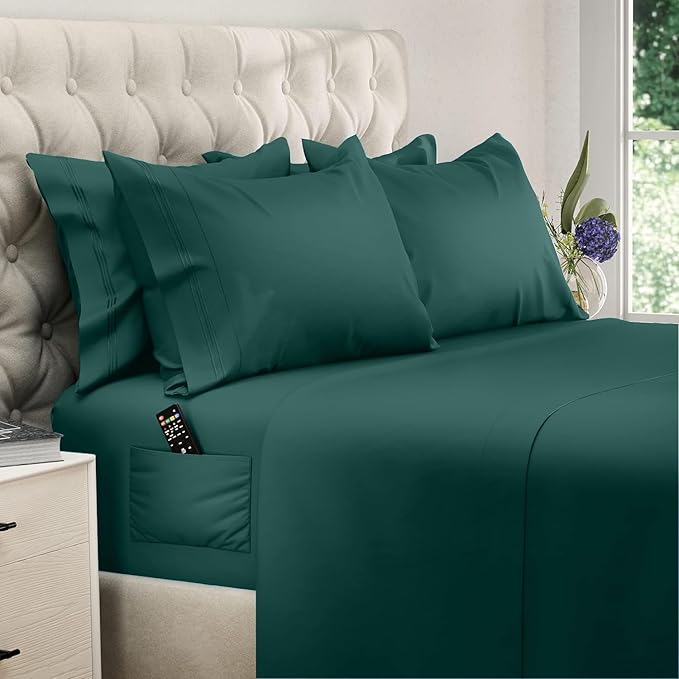DREAMCARE Full Size Sheets Set - 6 Pcs Deep Pocket Cooling Bed Sheets - Soft, Long Lasting 100% Brushed Microfiber with Side Pocket (Emerald Green, Full)