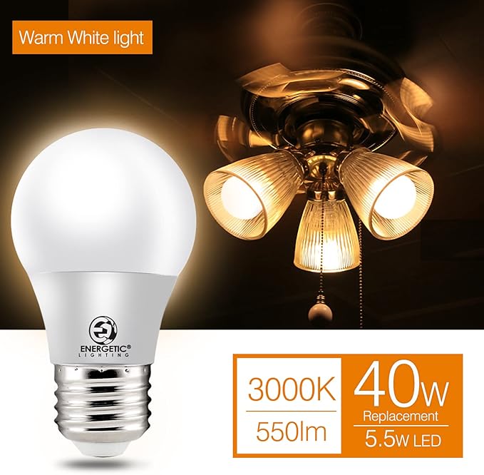 ENERGETIC SMARTER LIGHTING LED Refrigerator Bulb 40 Watt Equivalent, 3000K Warm White, Dimmable A15 Ceiling Fan Light Bulbs, E26 Base, UL Listed, 6 Pack