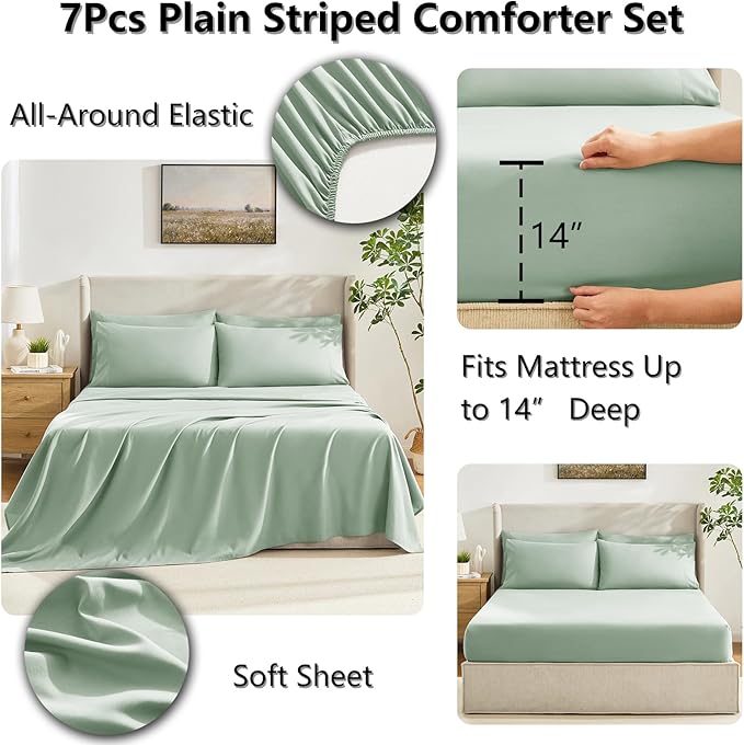 CozyLux King Size Comforter Set Sage Green, 7 Pieces Bed in a Bag, Green Comforter King Size, All Season Bedding Sets with Stitch Quilted Comforter, Flat Sheet, Fitted Sheet, Pillowcases