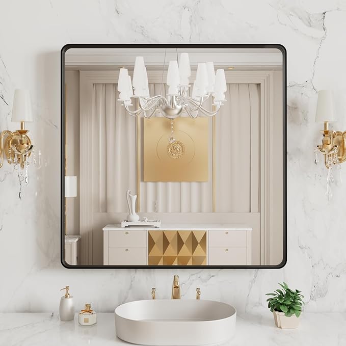 LOAAO 38x38 Inch Black Metal Framed Bathroom Mirror for Wall, Matte Black Bathroom Vanity Mirror Farmhouse, Large Rounded Rectangle Mirror, Anti-Rust, Tempered Glass, Hangs Horizontally or Vertically