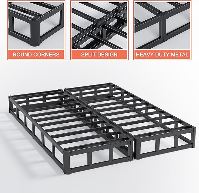 7 Inch Queen Box Spring, Split Design for Easy Setup in Apartments, Heavy Duty Steel Frame, Non-Slip Mattress Base Fabric Cover, Noise Free