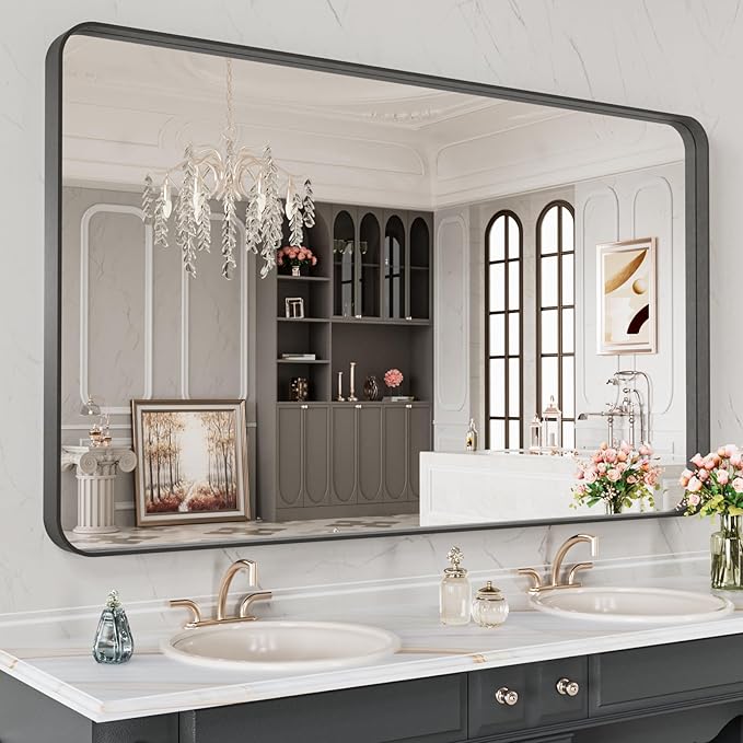 LOAAO 48X28 Inch Black Metal Framed Bathroom Mirror for Wall, Matte Black Bathroom Vanity Mirror Farmhouse, Anti-Rust, Tempered Glass, Hangs Horizontally or Vertically