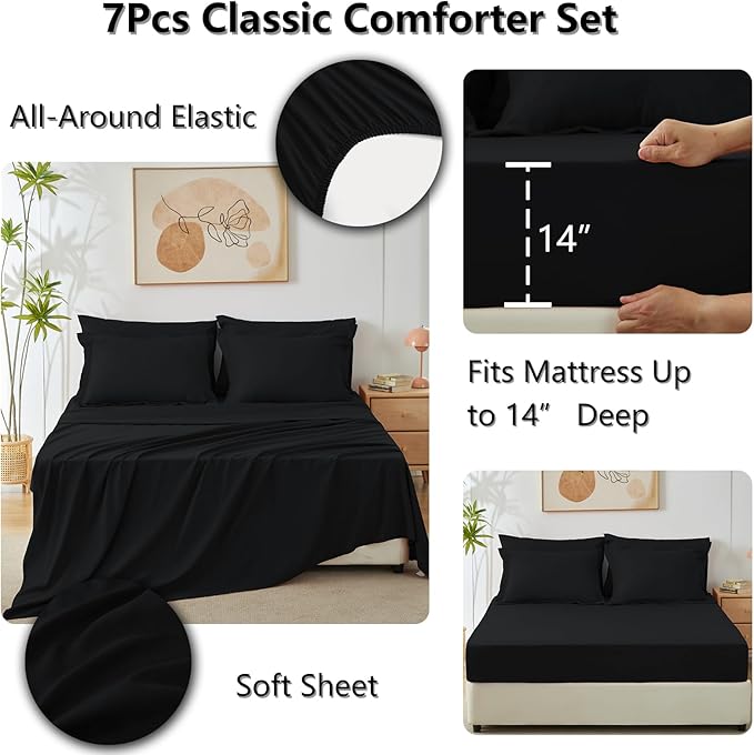 CozyLux Oversized Queen Comforter Set Black - 7 Pieces Bed in a Bag Comforter Set with Sheets, Luxury Soft Bed Set All Seasons, Bedding Set with Down Alternative Comforter, Sheets, Pillowcases & Shams