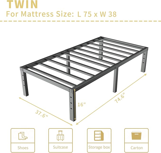 ALDRICH Metal Twin Bed Frame - 16 Inch Tall Black Basic Steel Slats Platform, Easy Assembly Heavy Duty Noise Free Bedframes, No Box Spring Needed