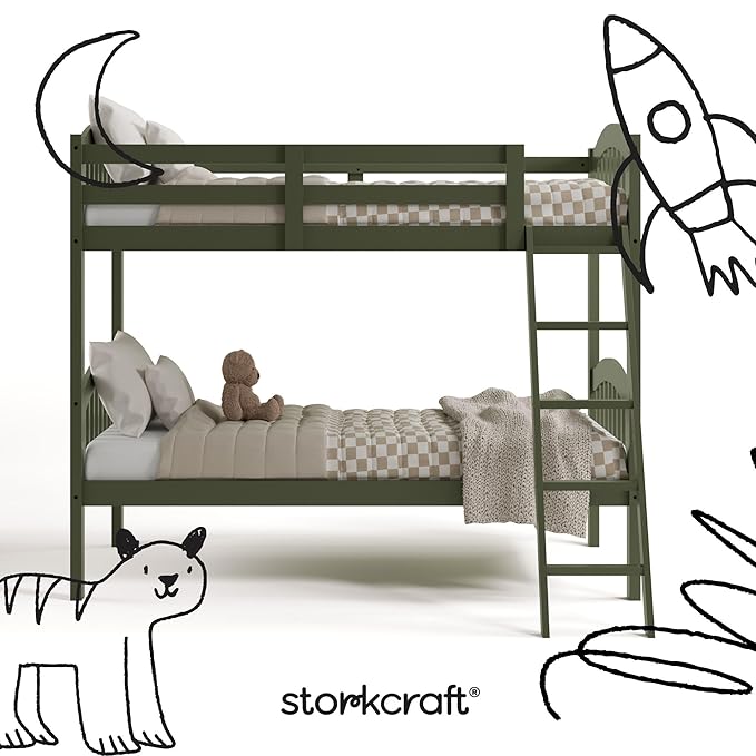 Storkcraft Long Horn Twin-Over-Twin Bunk Bed (Olive) - GREENGUARD Gold Certified, Converts to 2 Individual Twin Beds
