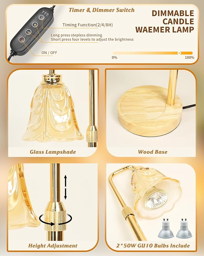 Tulip Candle Warmer Lamp, Adjustable Height, Dimmable Candle Warmer with Timer, Mom Womens Gifts for Birthday, Unique Home Decor Aesthetic (Off White)