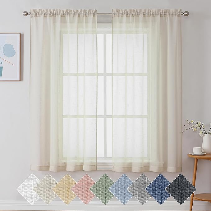 Aiyufeng Kirei Farmhouse Faux Linen Sheer Curtains 63 Inches Long, Light Filtering Solid Drapes for Window, 1 Pair Natural Linen Look Curtains Sheer for Bedroom (Set of 2, 40 by 63Inch, Natural)