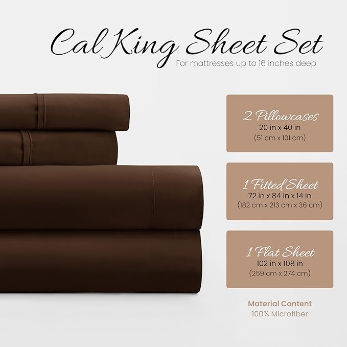 Linen Market Bed Sheets for Cal King Size Bed (Chocolate) - Sleep Better Than Ever with These Soft and Cooling California King Sheets - Deep Pocket Fits 16" Thick Beds - 4 Piece Cal King Sheet Set