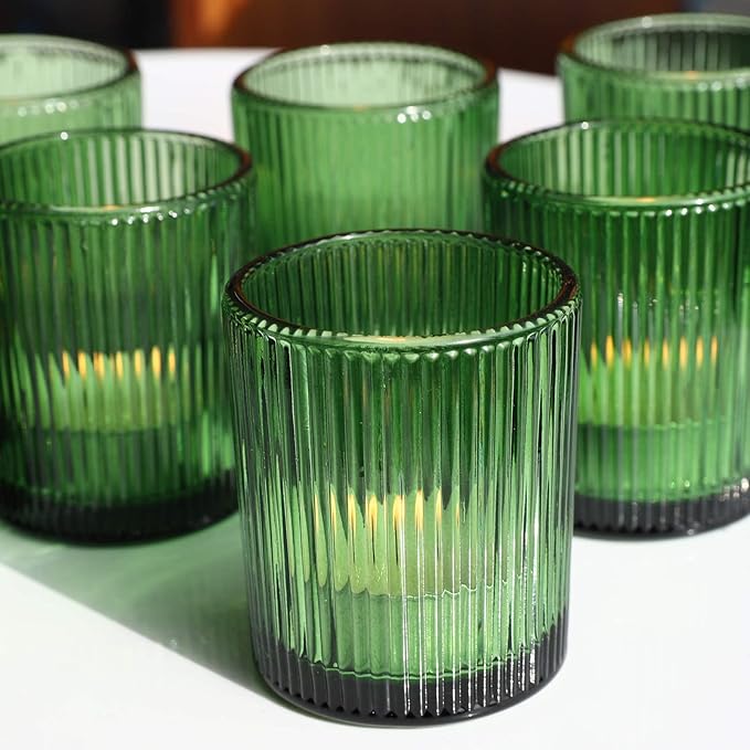 VOHO Votive Candle Holders Set of 24, Green Candle Holder for Tealight & Votive Candles, Vintage Ribbed Glass Tea Lights Candle Holder for Home & Christmas Decorations