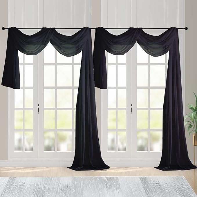 Chyhomenyc Extra Long Black Sheer Curtains 144 inch 2 Panels Set, Translucent Backdrop Window Scarf Drapes for Canopy Bed/Wedding/Living Room/Anniversary, 12FT Length, Each 42Wx144L in, 2PCS, Black