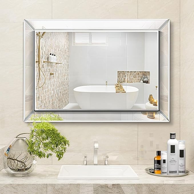 Pregaspor Wall Mirror for Bathroom, 24" x 36" Rectangular Frameless Vanity Mirror, Polished Beveled for Over Sink